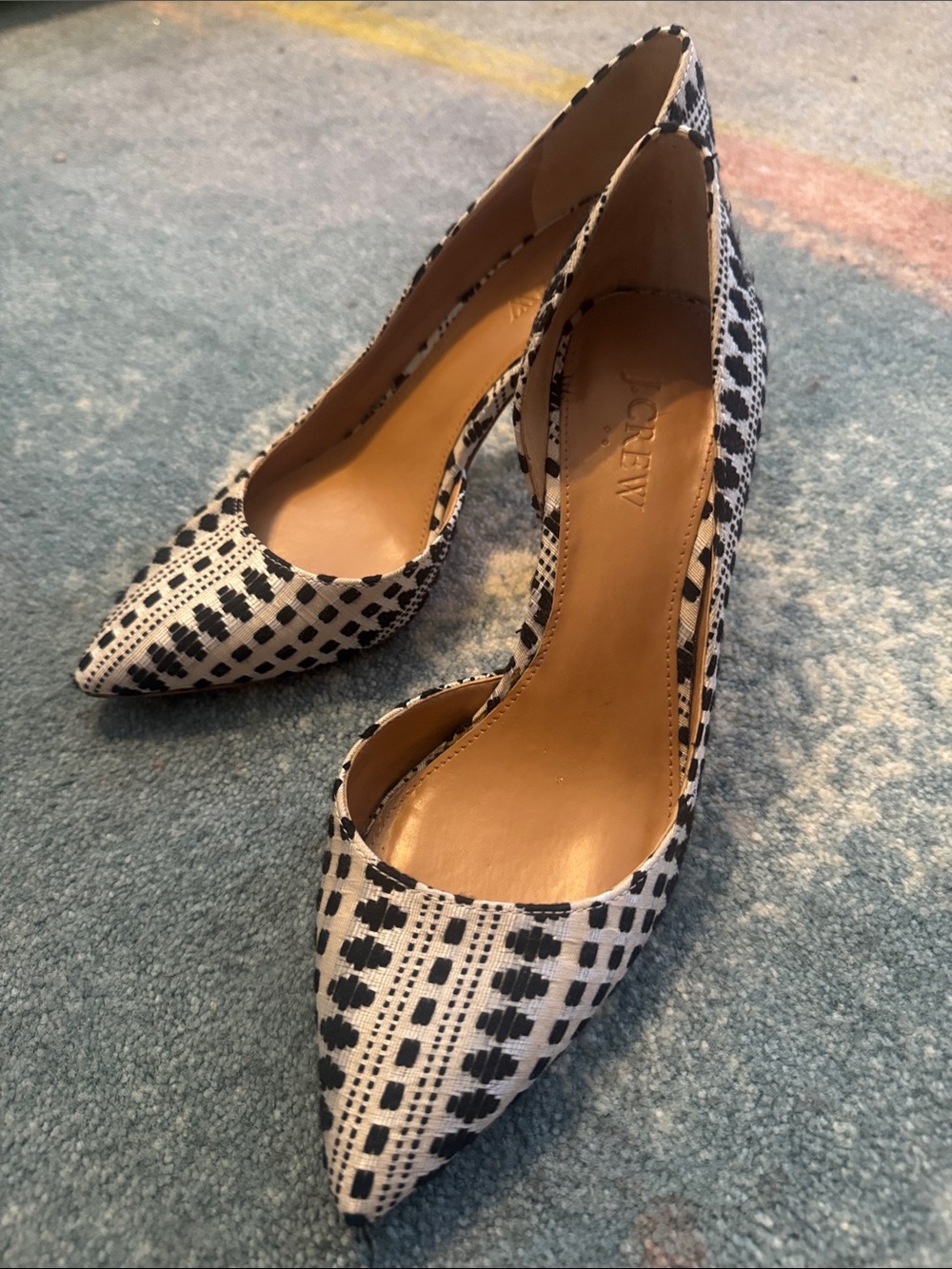 J. Crew Black and Cream Fabric Patterned Pointed-Toe Pumps